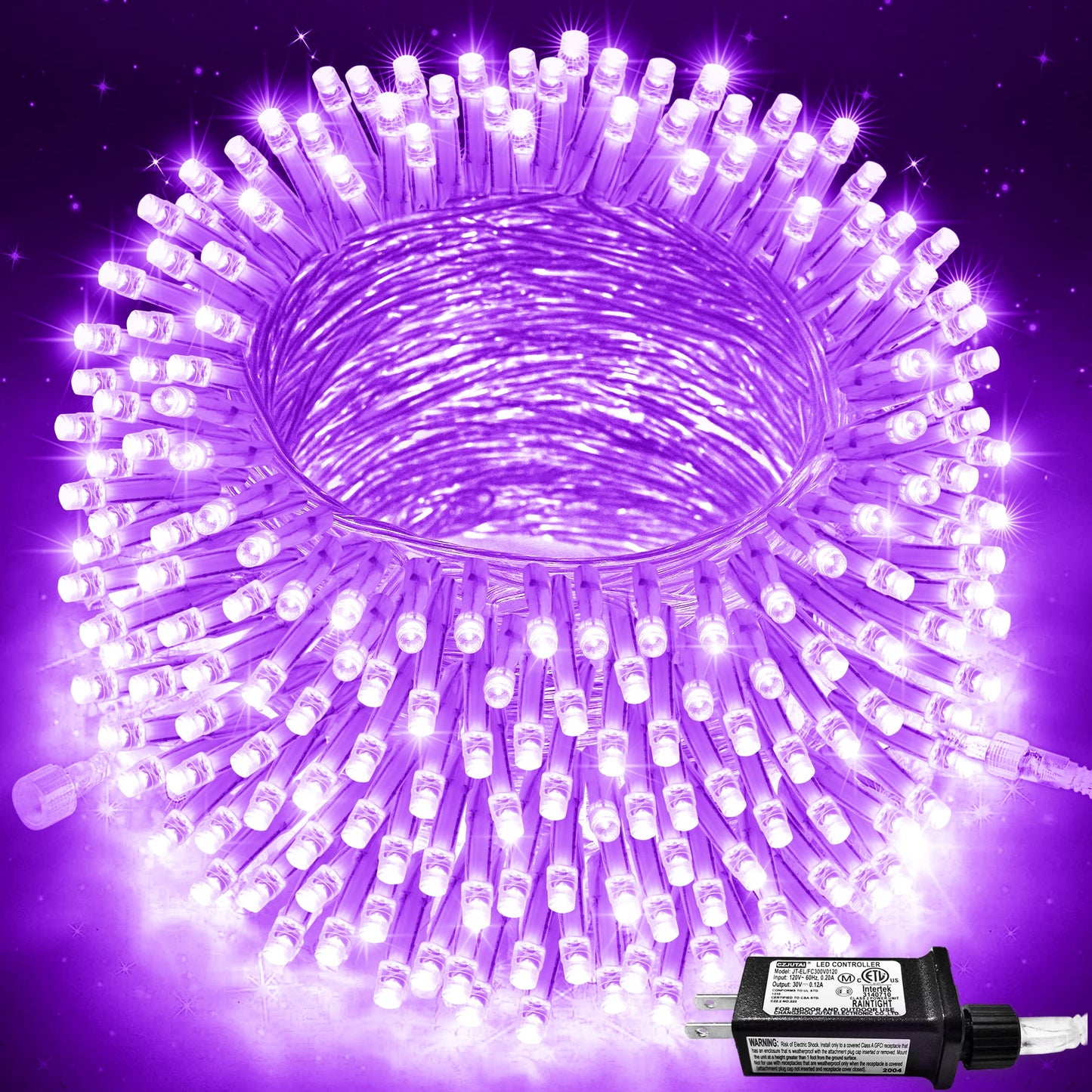 JMEXSUSS Purple String Lights, 91.5ft, 250 LED, Waterproof, Plug-in, 8 Modes, Clear Wire, Model EXS-S-0250