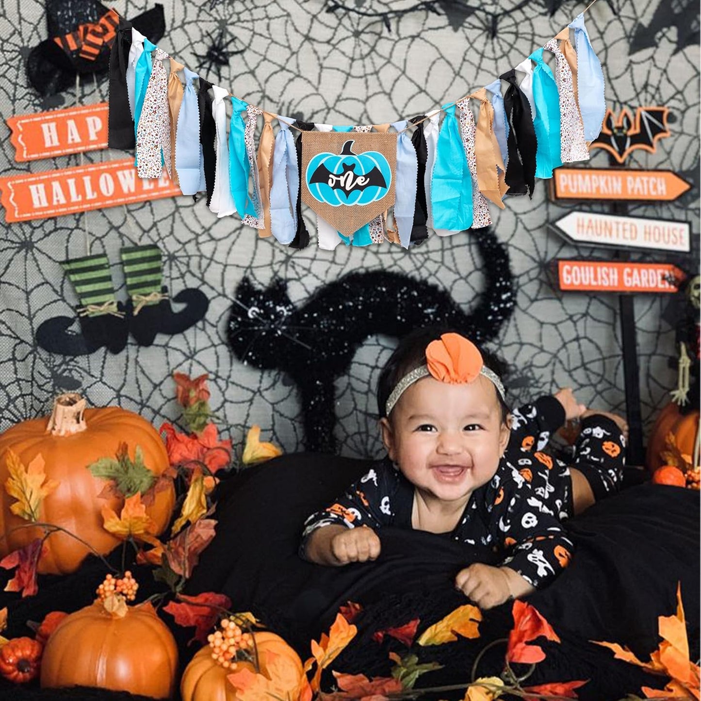 Halloween Spooky Pumpkin One High Chair Banner - Thanksgiving Halloween Theme Fall Pumpkin First Birthday Party Decorations Supplies High Chair Banner, Spooky Bat Sign 1st Birthday Party Banner