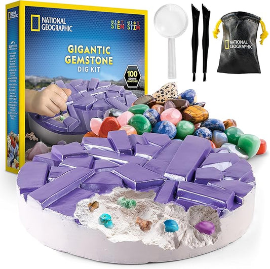 National Geographic Gigantic Gemstone Dig Kit – Excavate 100 Real Gems from a Giant Dig Brick, Gem Mining Kit for Kids, ST...