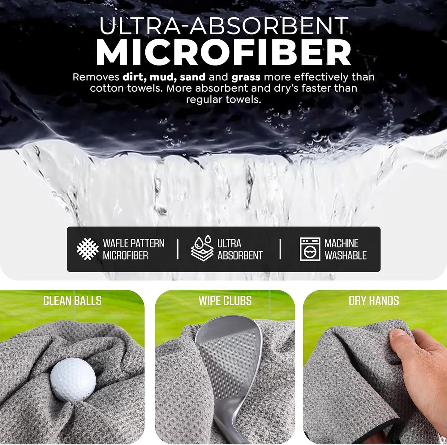 Golf'N Microfiber Towel - Magnetic Golf Towel Black 16" x 24" Golf Towels for Golf Bags with N52 Heavy Duty Magnets, Carabiner Clip & Cross Stitched Reinforced Loop, Premium Golf Accessories