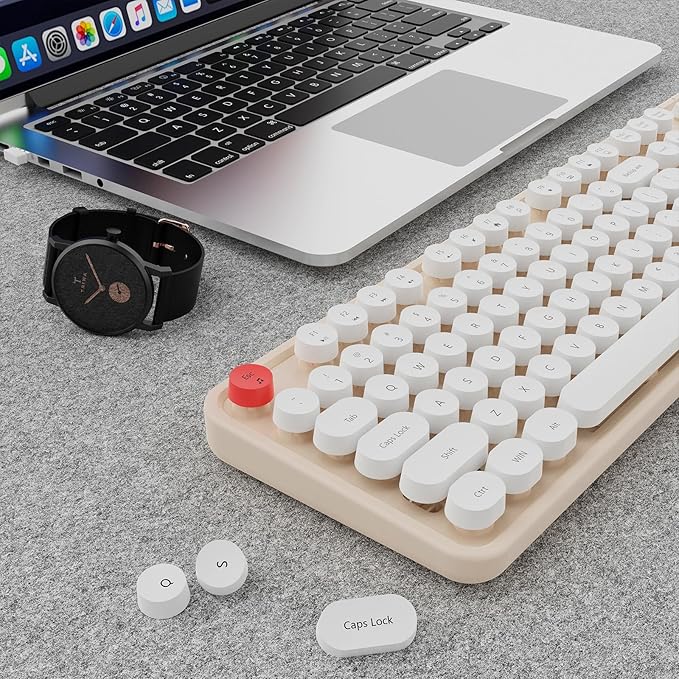 Wireless Keyboard and Mouse Combo, Ergonomic Full Size Typewriter Retro Round Keycaps Keyboard, Compatible with Windows, PC, Perfer for Home and Office Keyboards (Beige