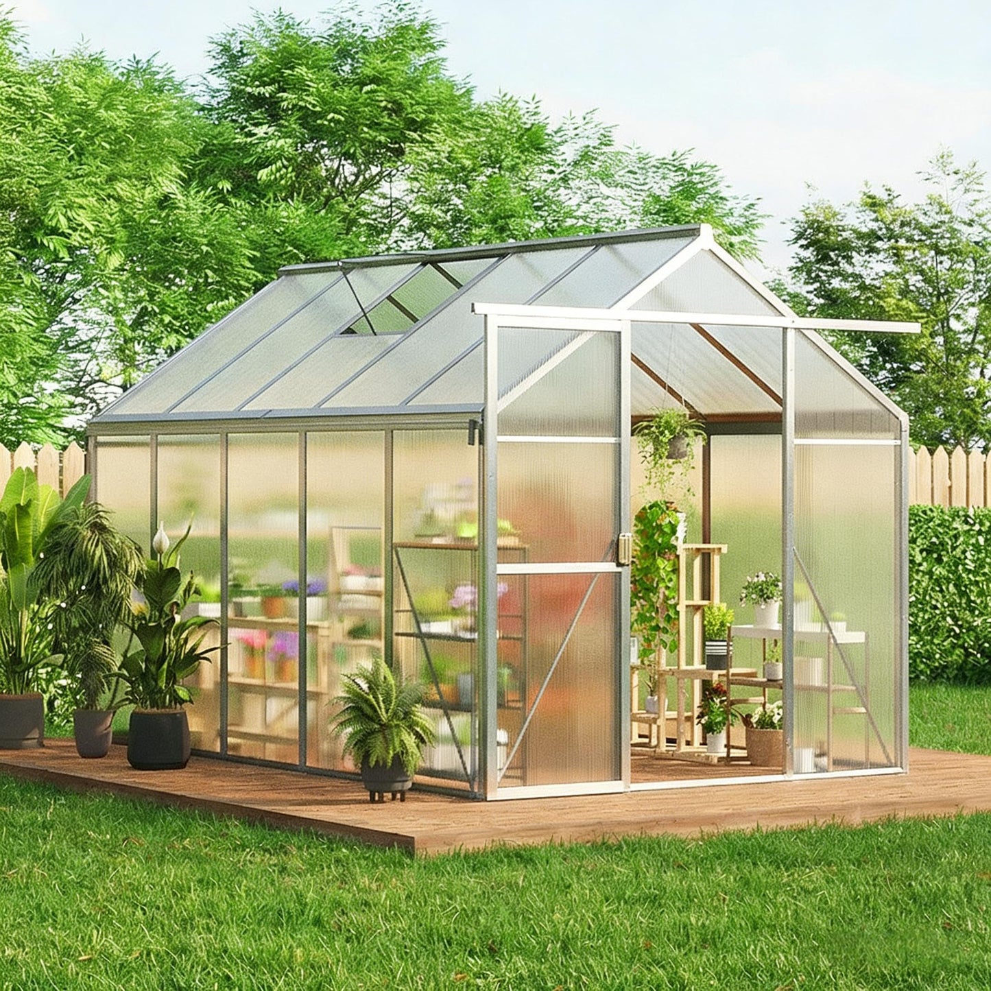 6x10 FT Greenhouse, Outdoor Sliding Door, Polycarbonate Greenhouse with Aluminum Frame, Lockable Door and Ajustable Roof Vent for Backyard, Outside Garden Backyard, Patio, Silver