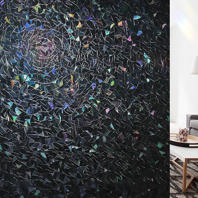 LUTE Black Out Window Film, Sun Light Blocking Window Film for Room Darkening Day Sleep, 100% UV Blocker Stained Glass Blackout Cover, Rainbow Black Out Shades Tint for Home, 35.4" x 118.1"