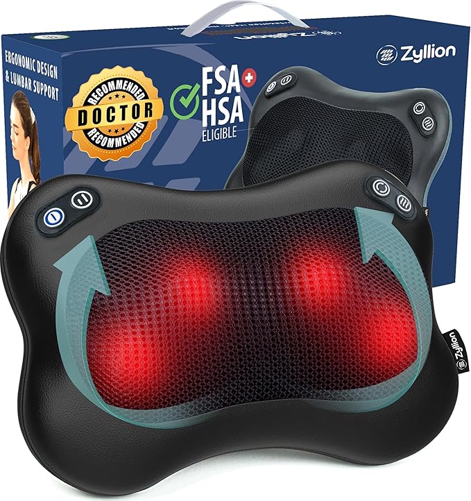 Zyllion Shiatsu Back and Neck Massager with Heat - Cordless Rechargeable 3D Electric Kneading Deep Tissue Massage Pillow w...