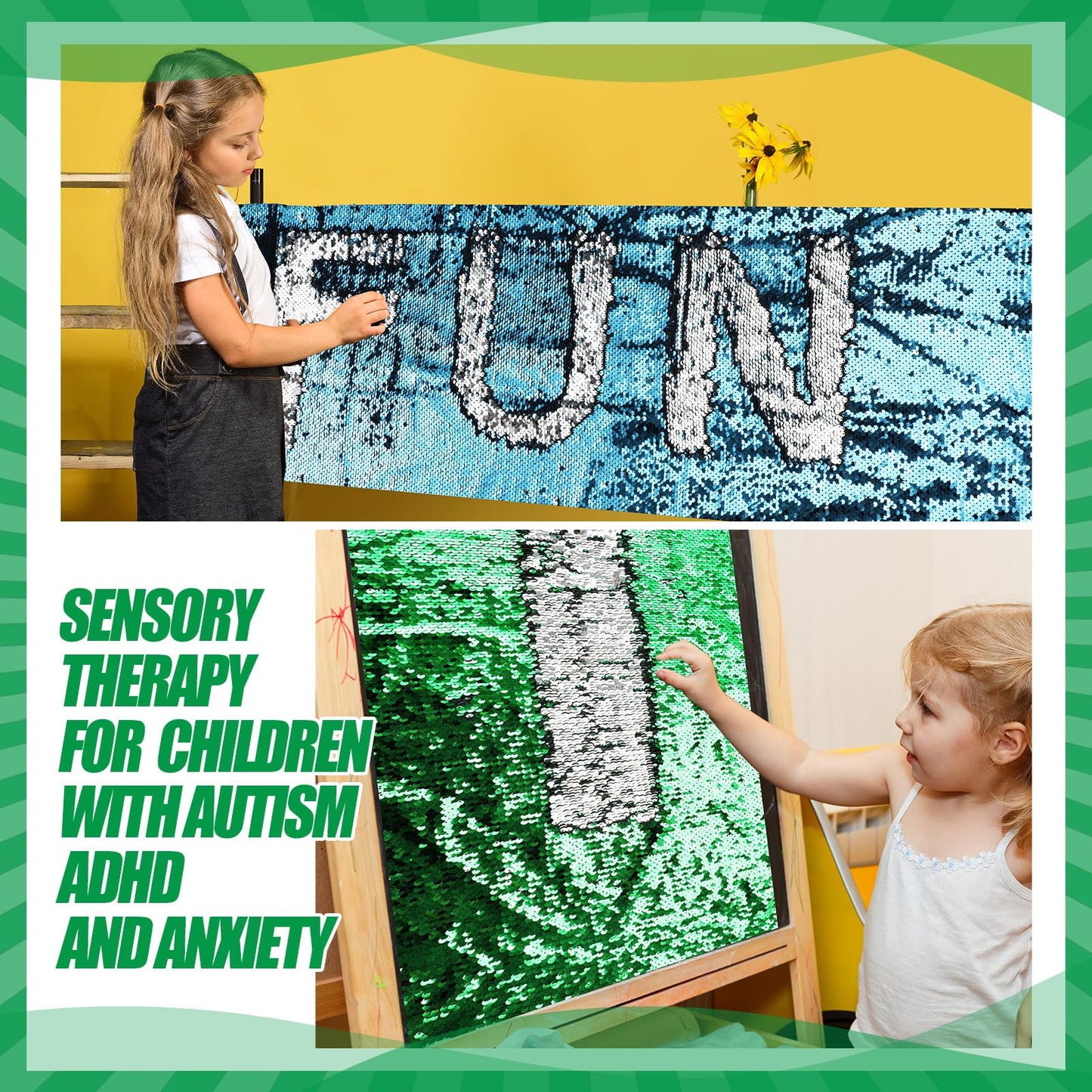 Irenare 3 Pcs Sensory Wall Sequin Flip Fabric for Kids 40 x 13 Inch Sensory Graffiti Reversible Sequin Fabric with 36 Pcs Hook and Loop Strips with Adhesive