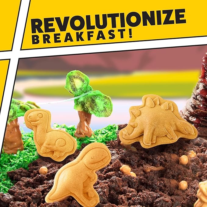 Dinosaur Mini Waffle Maker- 5 Different Double Sided 3D Shaped Dinos in Minutes- Breakfast Fun for Kids Adults w Cool Novelty Pancakes, Electric Baker, NonStick Waffler Iron w Recipe Guide, Xmas Gift