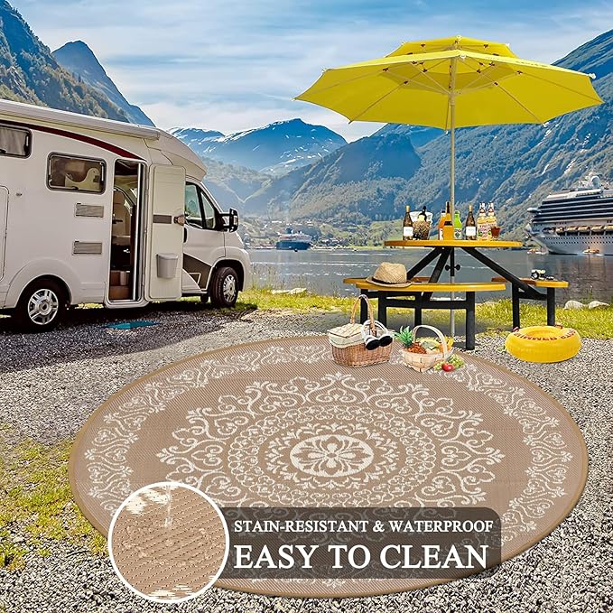 Pauwer Waterproof Outdoor Rug 8ft, Reversible Plastic Straw Patio Camping Rug, Indoor Outdoor RV Mat Carpet for Deck, Camper, Porch, Balcony, Backyard, Picnic, Floral Brown