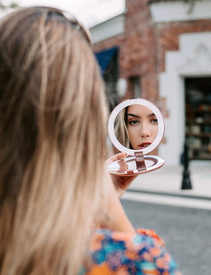 Fancii LED Lighted Travel Makeup Mirror, 1x/10x Magnification - Daylight LED, Compact, Portable, Large 5" Wide Illuminated Folding Mirror - Lumi (Rose Gold)