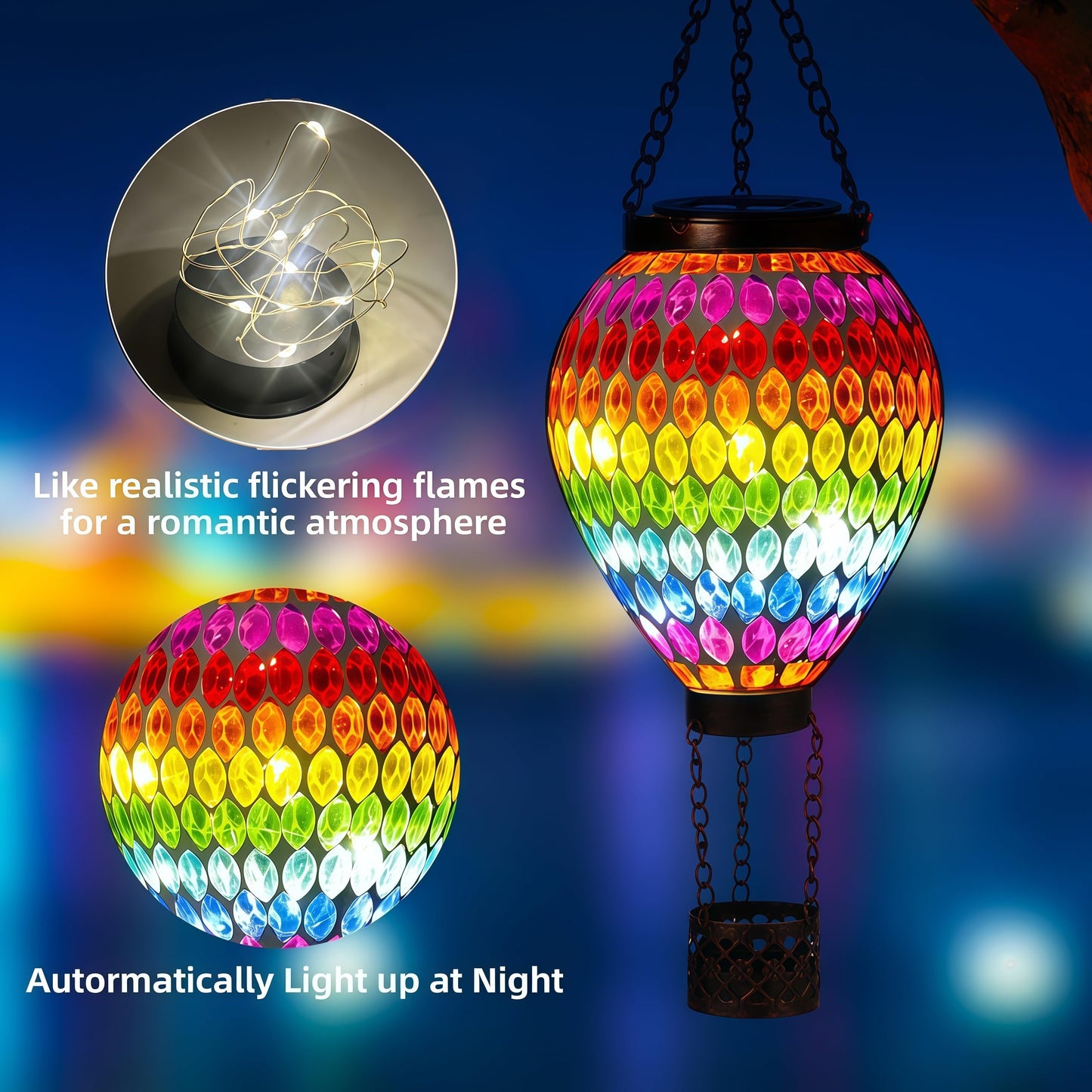 Voreen Hot Air Balloon Solar Lantern  Handmade Mosaic Solar Outdoor Hanging Wind Light  Waterproof  Patio Festive Decor  Gift For Mom Wife Friend  Rainbow Pattern