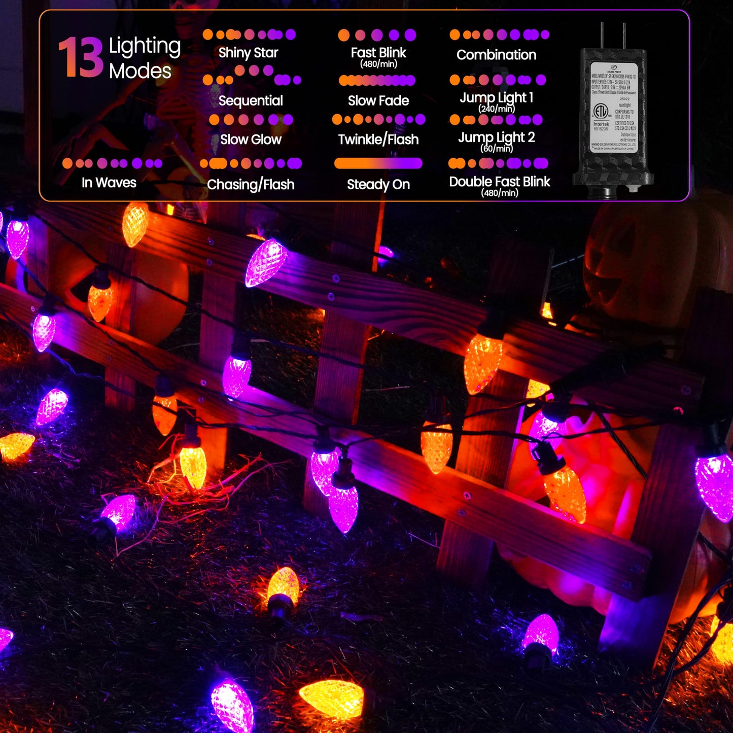 LORRYTE 2PK C9 Halloween Lights 100 LED Purple and Orange, 98FT Extendable String Lights with 13 Modes & Timer, Waterproof