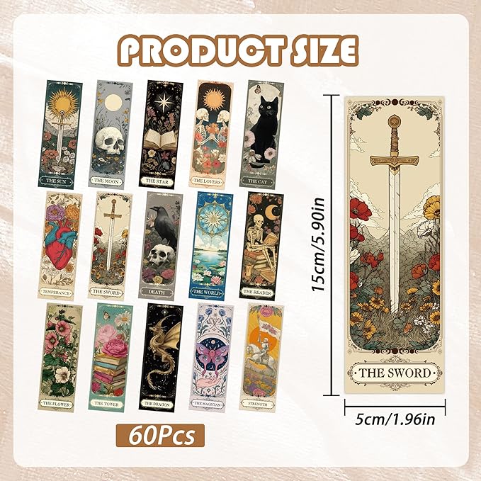 60 Pcs Tarot Fantasy Bookmarks, Dark Romance Book Marks for Reading Women Book Lovers, Witchy Aesthetic Page Marker Clips for Gothic Romance Novel or Bookish Gifts