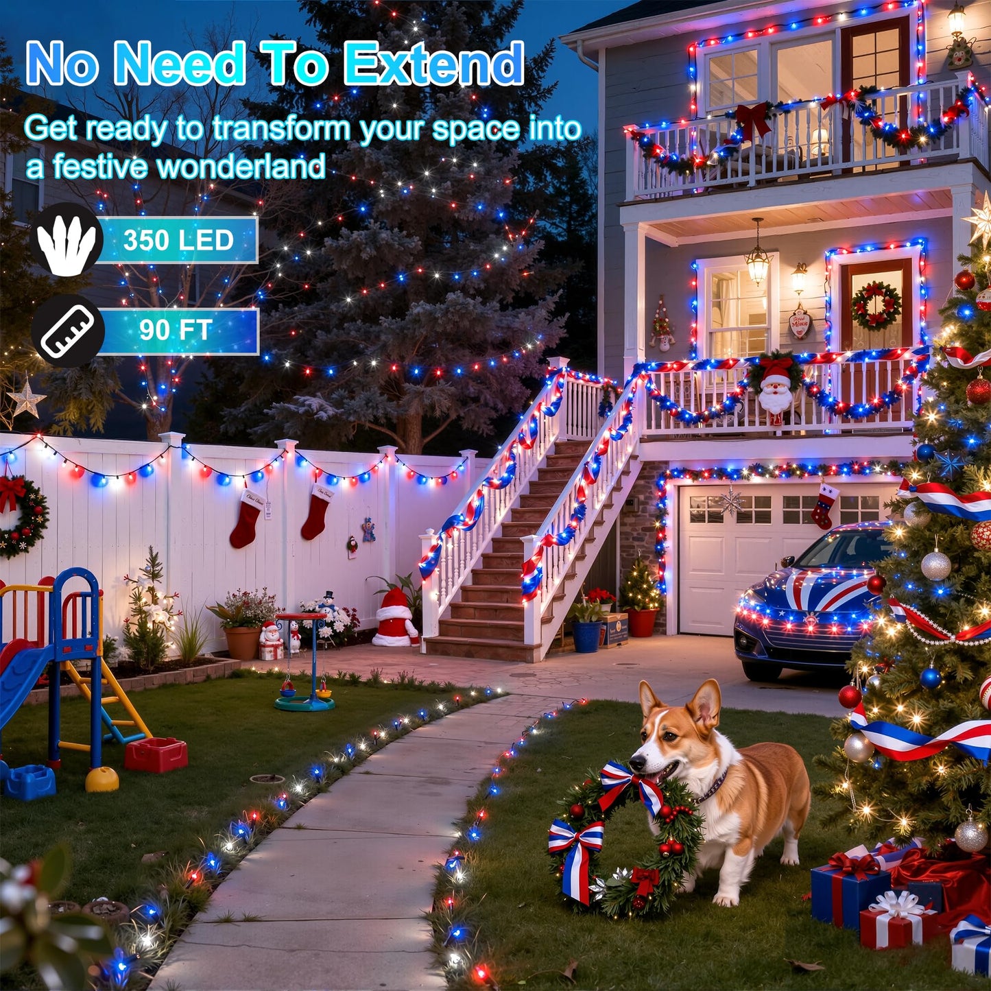 Xikengshq 350Led Christmas Lights Indoor Outdoor  90Ft 12 Modes Red Blue And White Led String Lights With Timer Dimmable  Waterproof Tree Lights For Xmas Patio Yard Fence Bedroom Wedding Garden Decor