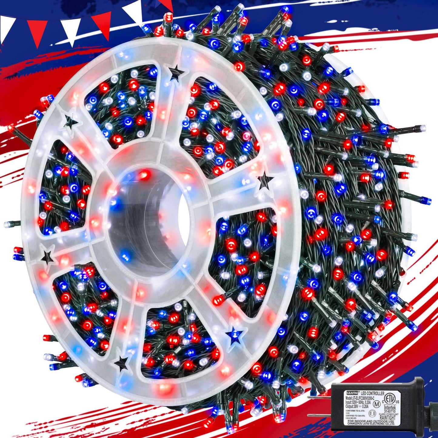kemooie 500 LED Outdoor String Lights, Waterproof, 8 Modes, Red White Blue, Model HB-500COI