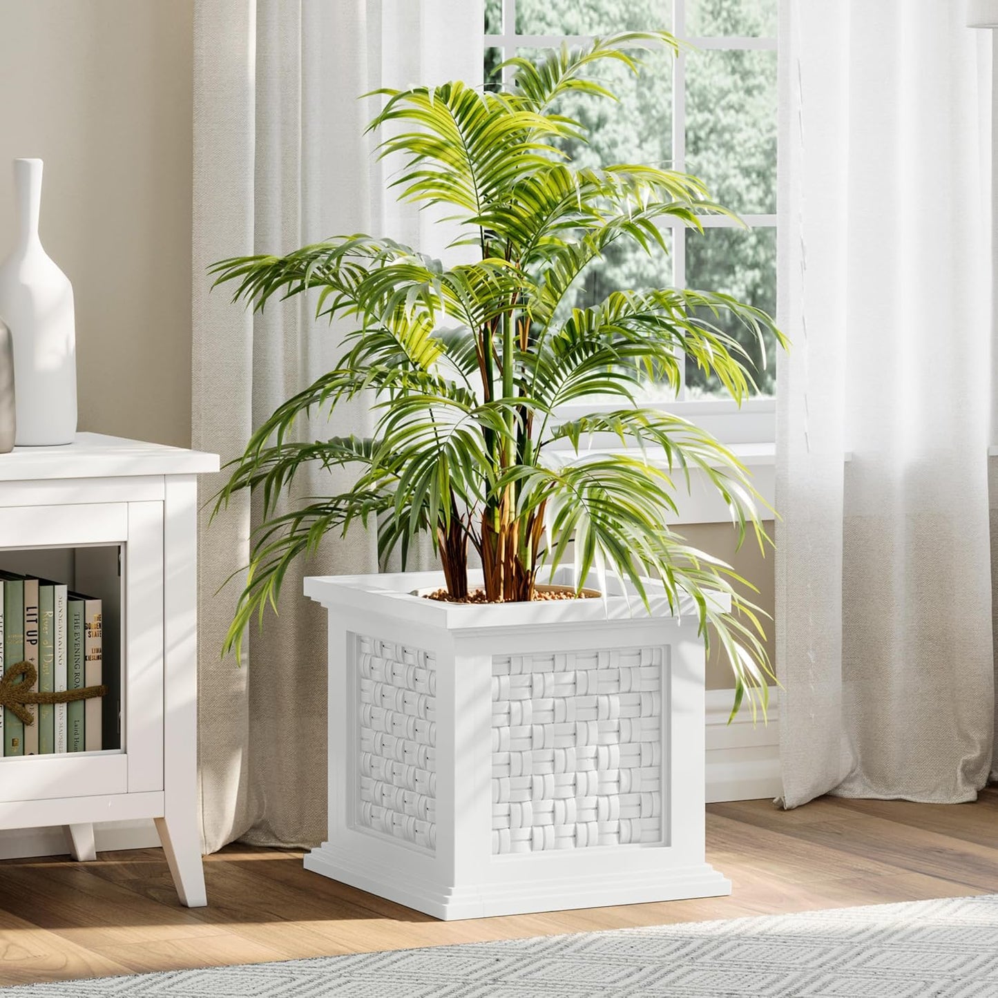 Pure Garden Rattan Style Outdoor Planter Box - 14.65-Inch-Square Decorative Flower or Plant Pot - Garden, Patio and Front Porch Decor (White)