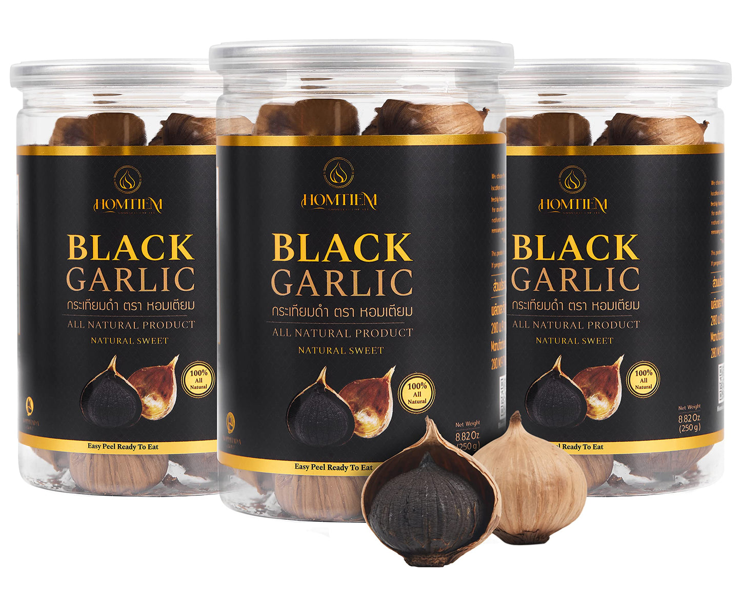 Homtiem Black Garlic 8.82 Oz (250g.), 3 Pack, Whole Black Garlic Fermented for 90 Days, Super Foods, Non-GMOs, Non-Additives, Hi