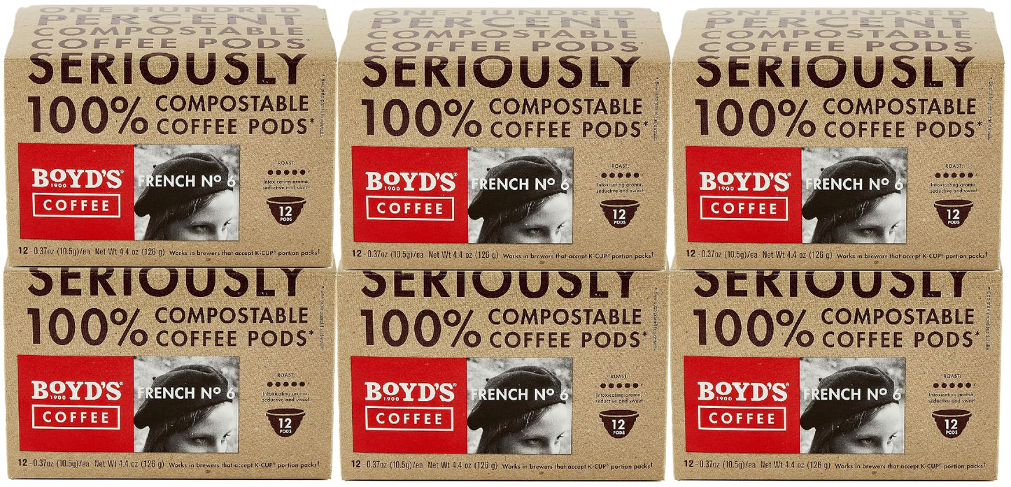 Boyds Coffee French No. 6 Coffee -Ground Dark Roast- Blended from 100% Arabica - Rich & Full-Flavored - Single Cup - 12 Count (Pack of 6)