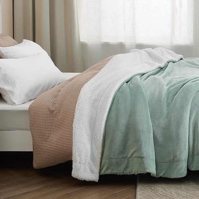 Bedsure GentleSoft Sherpa Fleece Blankets Queen Size for Bed - Thick and Warm, Soft Fuzzy Plush Queen Blanket for Winter, Sage Green, 90x90 Inches
