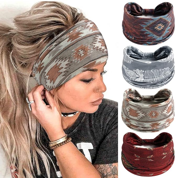 FULZTEY Boho Headbands for Women Vintage Elastic Fabric Printed Hair Bands Workout Wide Knot Sweatbands Soft Cotton Headwr...