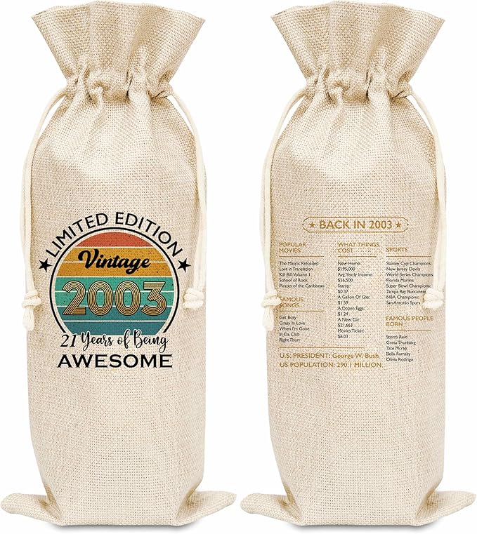 Disfuco 21st Birthday Wine Gift Bag, 2003 Birthday Gift Wine Bag, Burlap Wine Bottle Cover Bag For Women Men, Friends, Daughter, Son, Newphew, Niece, 1 Pc (B01)