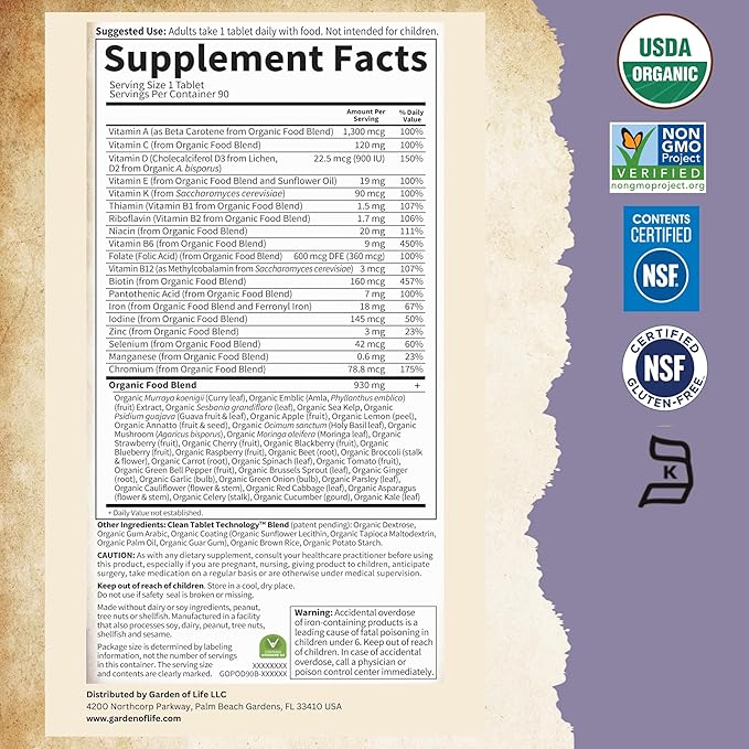 Garden of Life Organics Prenatal Vitamins - 90 Tablets, Prenatal Once Daily Whole Food Vitamins for Women with Folate not Folic Acid, Vitamin D3, Iron, Vegan One a Day Prenatal Multivitamin
