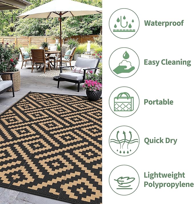 Outdoor Rug for Patio - Waterproof Plastic Straw Camping Rugs 6x9 ft, Reversible Outdoor Indoor RV Mat Carpet for Patio, Porch, Deck, Balcony, Picnic, Beach, Black Brown