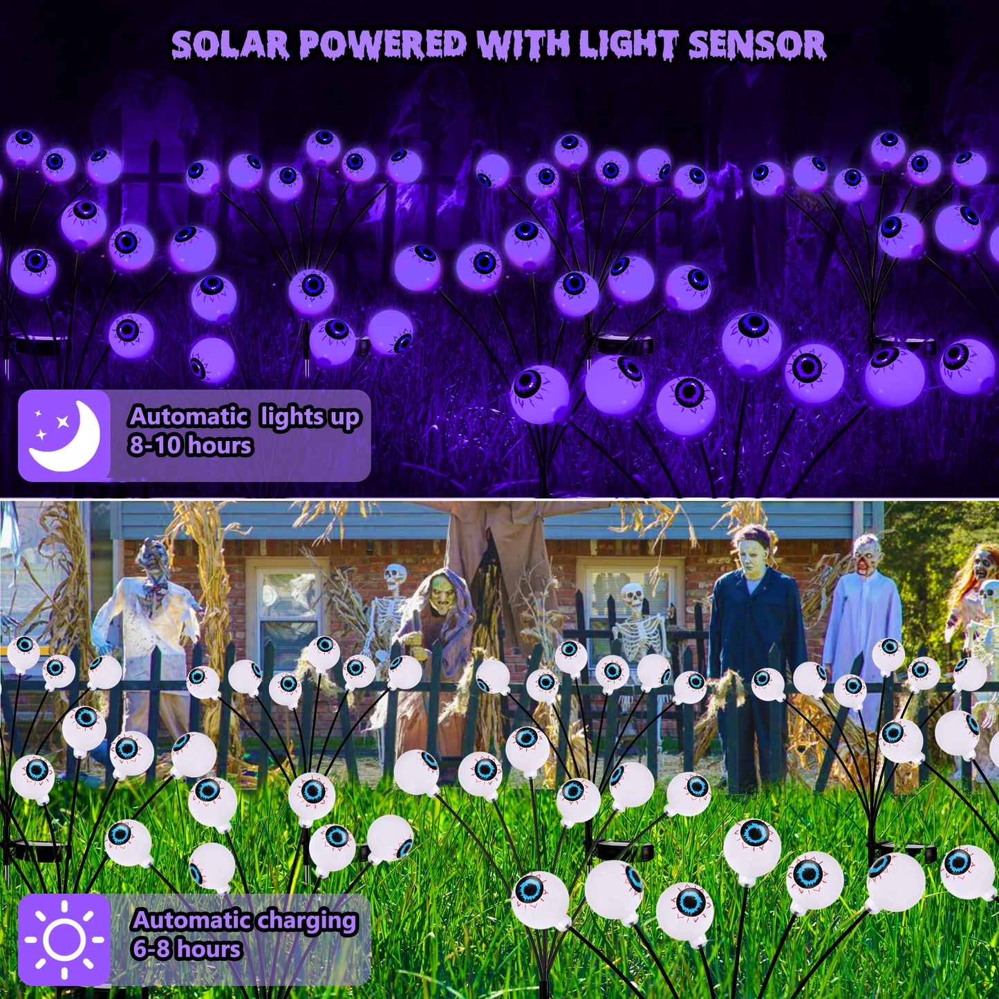 BrizLabs Halloween Eyeball Lights, 12 LED Solar Pathway Lights, 2 Pack, Purple, Outdoor Spooky Walkway Lighting