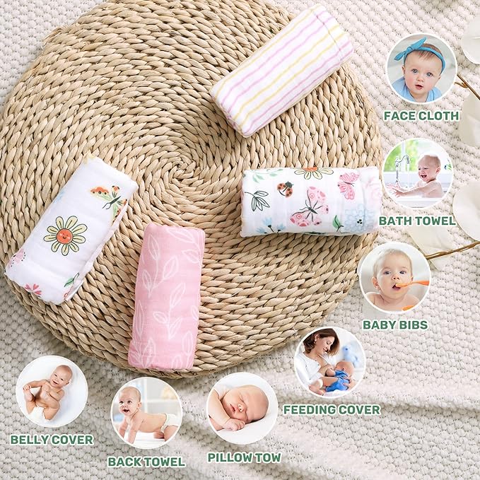 Viviland Baby Muslin Burp Cloths, Super Absorbent Washcloths for Baby Girl and Boy, 10 x 20 inches 6-Layer Baby Bath Towels, Flowers & Butterflies 4 Pack