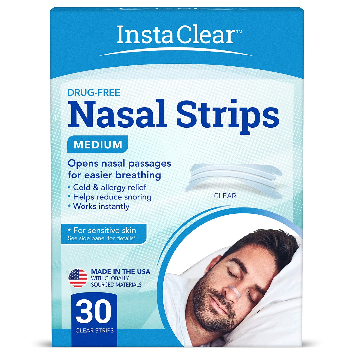 Instaclear Nasal Breathing Strips, Clear Medium 30 ct | Works Instantly, Nasal Congestion Relief, Stops Snoring, Cold & Allergy