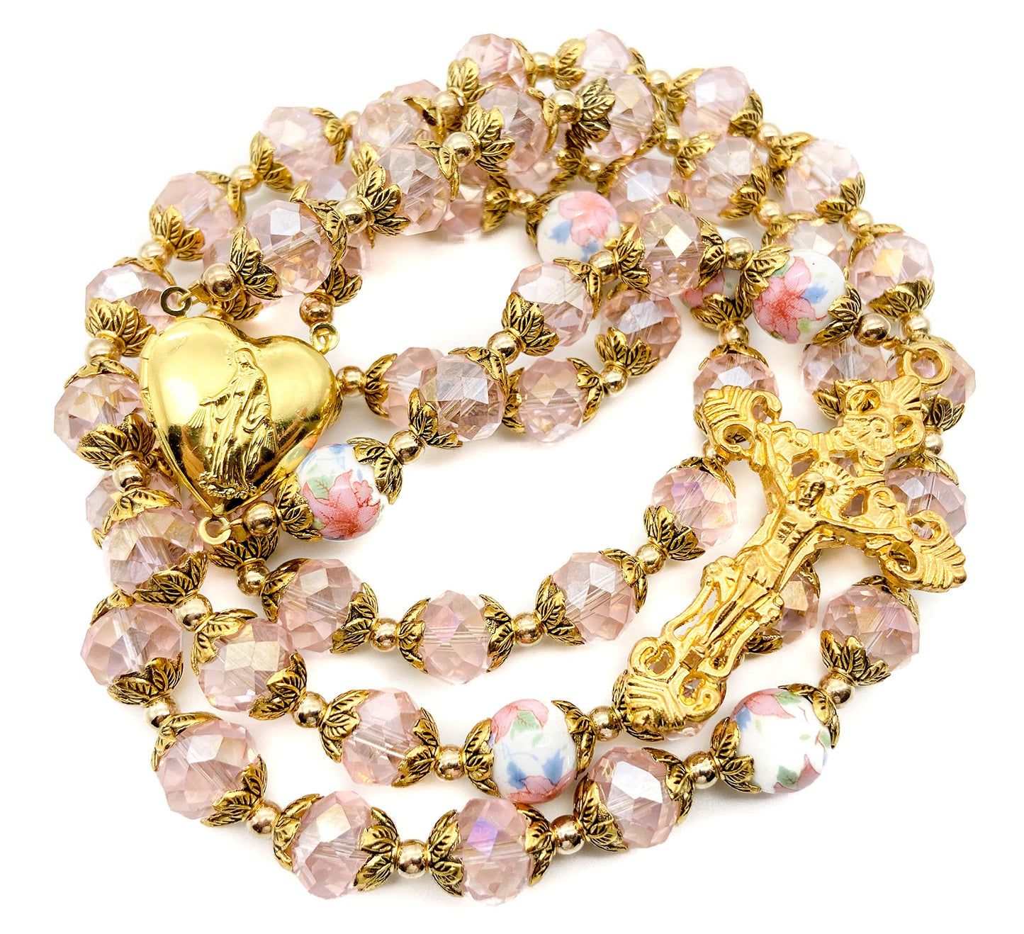 Nazareth Store Catholic Pink Crystal Beads Gold Rosary Flowers Beaded Necklace Holy Mary Heart Locket Medal & Cross Religious Am