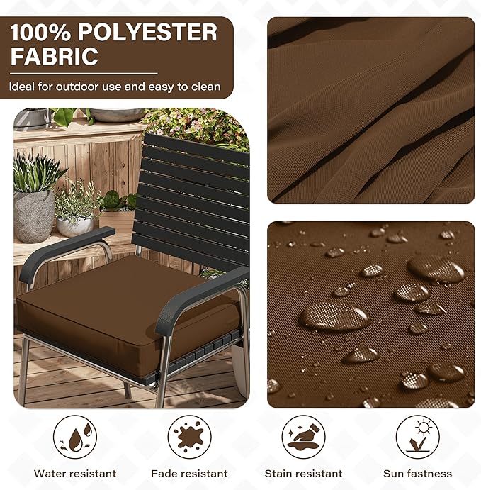 Patio Chair Cushions 18.5 X 16 X 4 Inch Waterproof Outdoor Seat Cushions for Patio Furniture, Outdoor Sofa Couch Pads with Ties & Handle, Set of 2, Chocolate