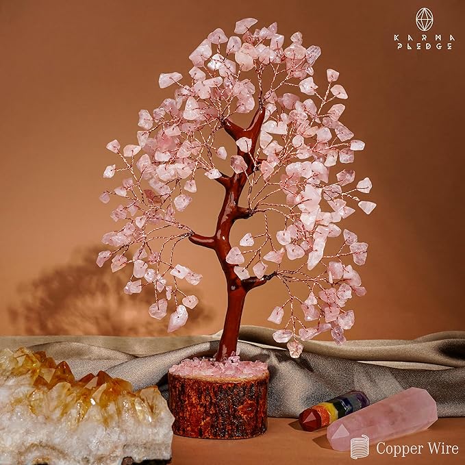 KARMAPLEDGE Rose Quartz Crystal Tree of Life for Women Office Decor, Good Luck, Money, Meditation, Positivity, Handmade Healing Crystal Stones Bonsai Tree Spiritual Birthday Gifts for Women