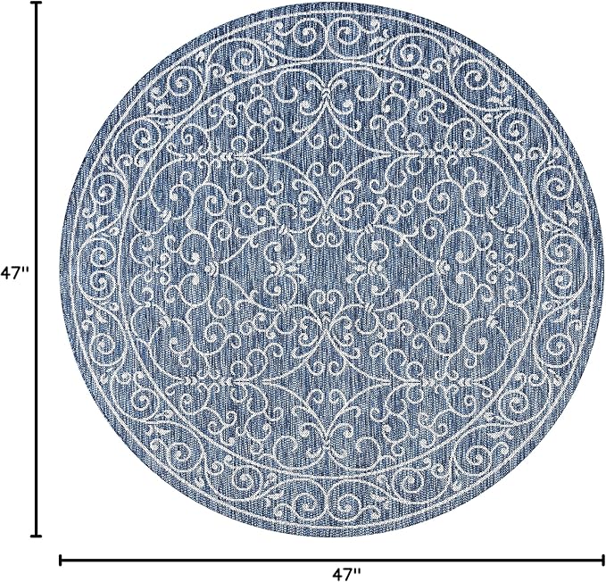 JONATHAN Y SMB106D-4R Charleston Vintage Filigree Textured Weave Navy/Gray 4' Round Indoor/Outdoor Area Rug, Pet Friendly, Non-Shedding, Stain Resistant, Easy-Cleaning for Backyard, Patio, Porch