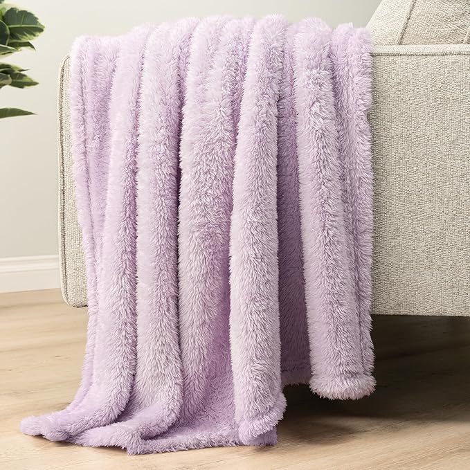 PAVILIA Sherpa Bed Blanket Queen Size, Light Purple Lavender Plush Soft Cozy Blanket for Bed, Fluffy Lightweight Microfiber, Fuzzy All Season Blanket, 90x90 Queen