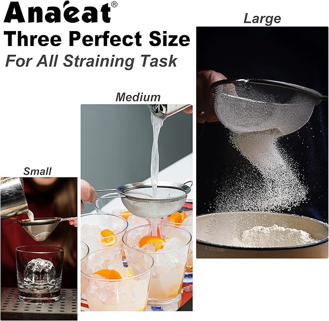 Anaeat Fine Mesh Strainers - Premium Stainless Steel Colander Sieve Sifters, with Durable Mesh and Sturdy Handle, Excellent for Sifting Dry ingredients, Flour, Pastas, Rice, Tea (7.09"）