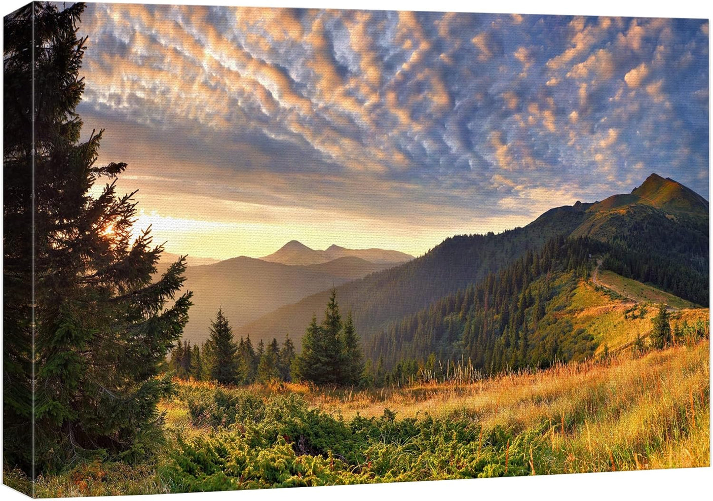 wall26 Canvas Print Wall Art Sunset Over The Golden Mountain Forest Landscape Nature Wilderness Photography Realism Rustic Scenic Colorful Green Ultra for Living Room, Bedroom, Office - 12"x18"