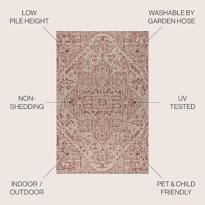 JONATHAN Y SMB105A-4SQ Estrella Bohemian Medallion Textured Weave Red/Taupe 4' Square Indoor/Outdoor Area Rug, Pet Friendly, Non-Shedding, Stain Resistant, Easy-Cleaning for Backyard, Patio, Porch