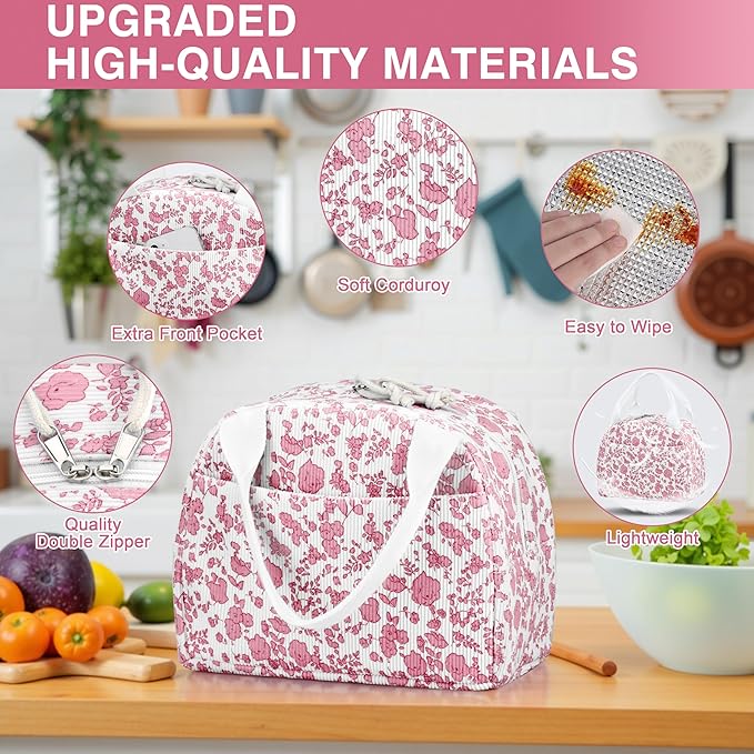 Lunch Bag - Insulated Lunch Box for Women, Reusable Large Capacity Cooler Bag for Adult, Small Leakproof Cute Corduroy Lunch Tote for Work Office Travel Picnic (Corduroy Rose Red-Flower)