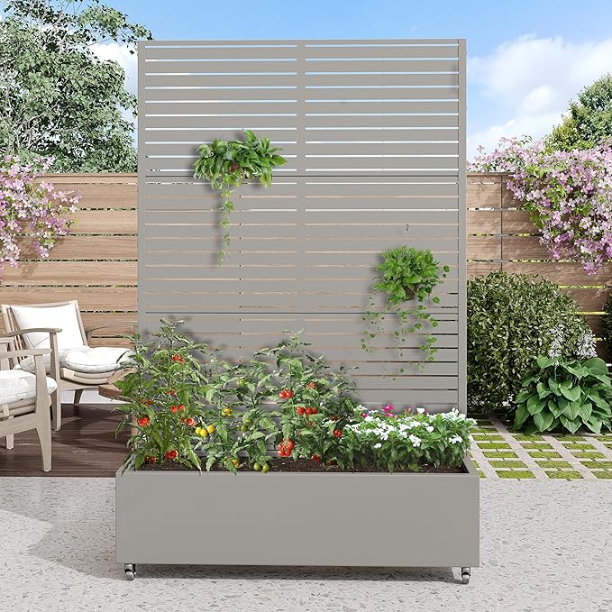 Casaphoria Metal Raised Garden Bed with Trellis and Wheels, 72"x47"x16" Planter Box for Climbing Plants, Vegetables & Vines, Features Drainage Holes and Privacy Screen (Grey-Louvered)