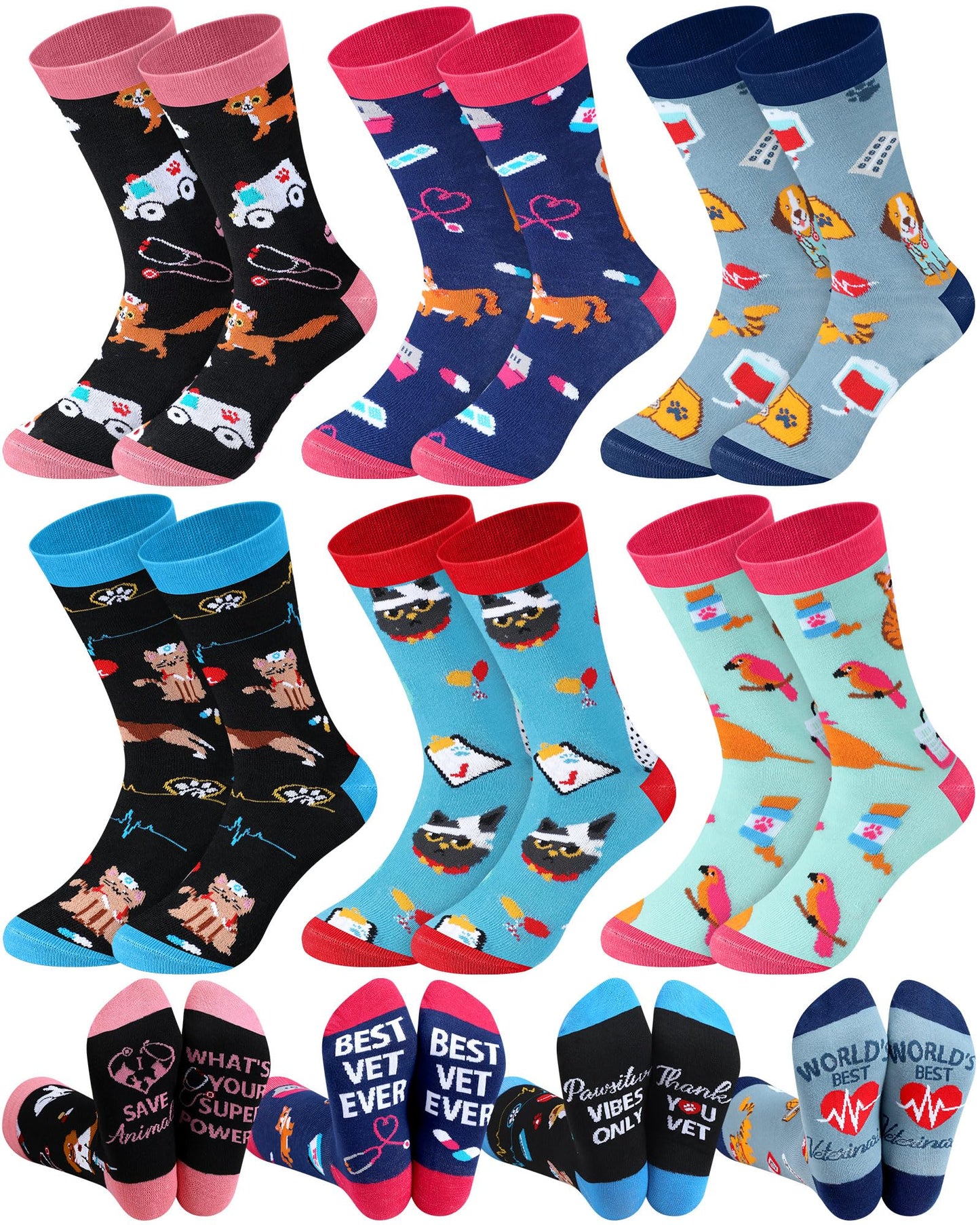Skicuff 6 Pairs Veterinary Socks for Women Men Novelty Veterinarian Cotton Crew Socks Veterinary Week Gift for Pet Doctor Vet Tech