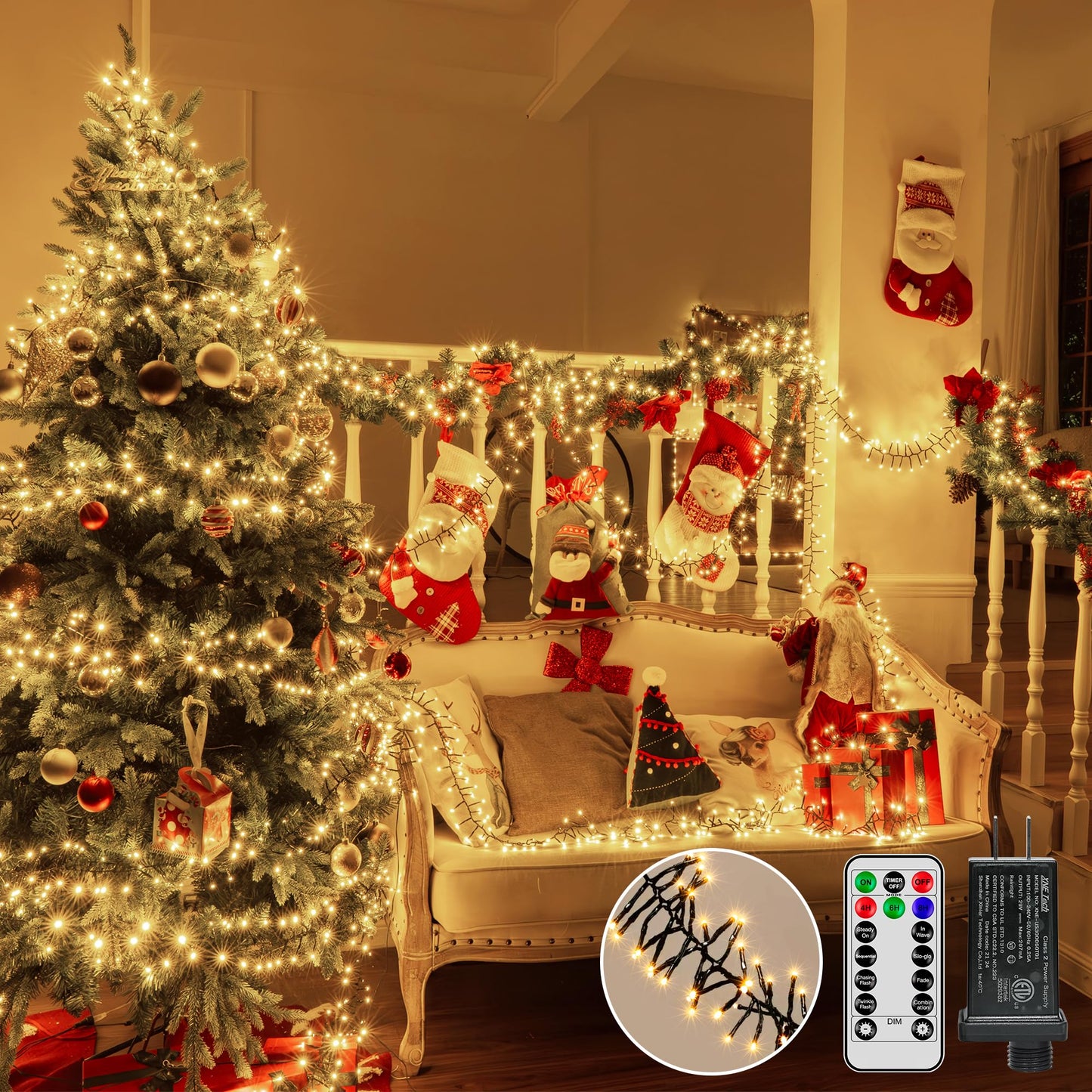 Ccinny 1200 Led 59 Ft Cluster Lights  Warm White Christmas Tree Lights 8 Modes Timer Remote  Waterproof String Lights For Indoor Outside Garland Xmas Decorations