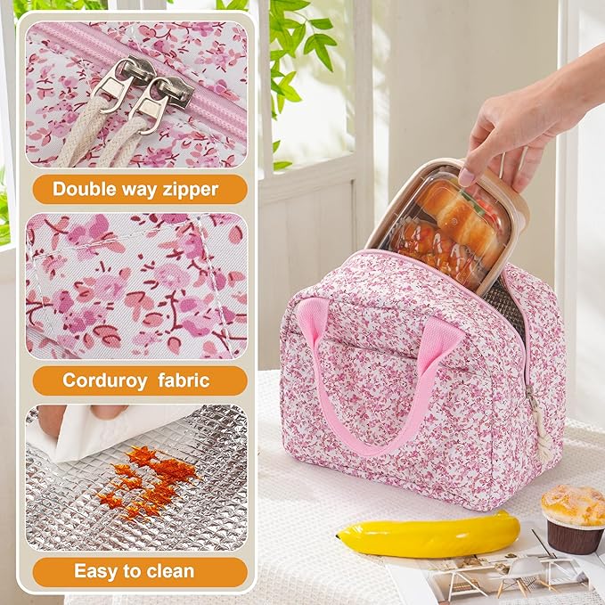 Lunch Bag for Women Insulated Lunch Box Reusable Cooler Bag Portable Cute Floral Quilted Cotton Bag Leakproof Tote Bags for Travel, Work, and Picnic, Blush Bloom