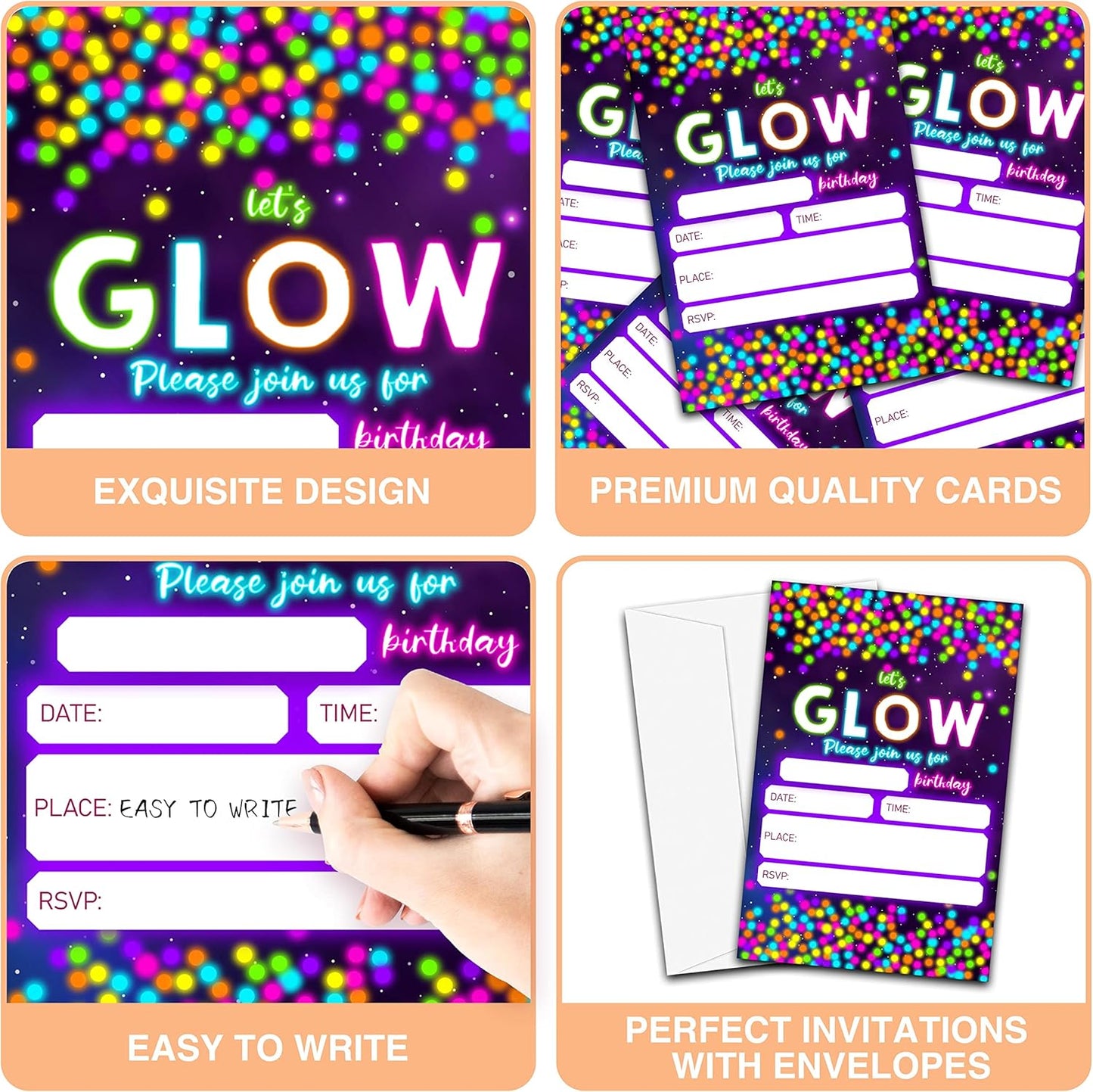 Neon Glow Invitation Birthday Party Invitations, 20-Count Let's Glow Theme Birthday Party Invites With Envelopes-HBYQK-B19