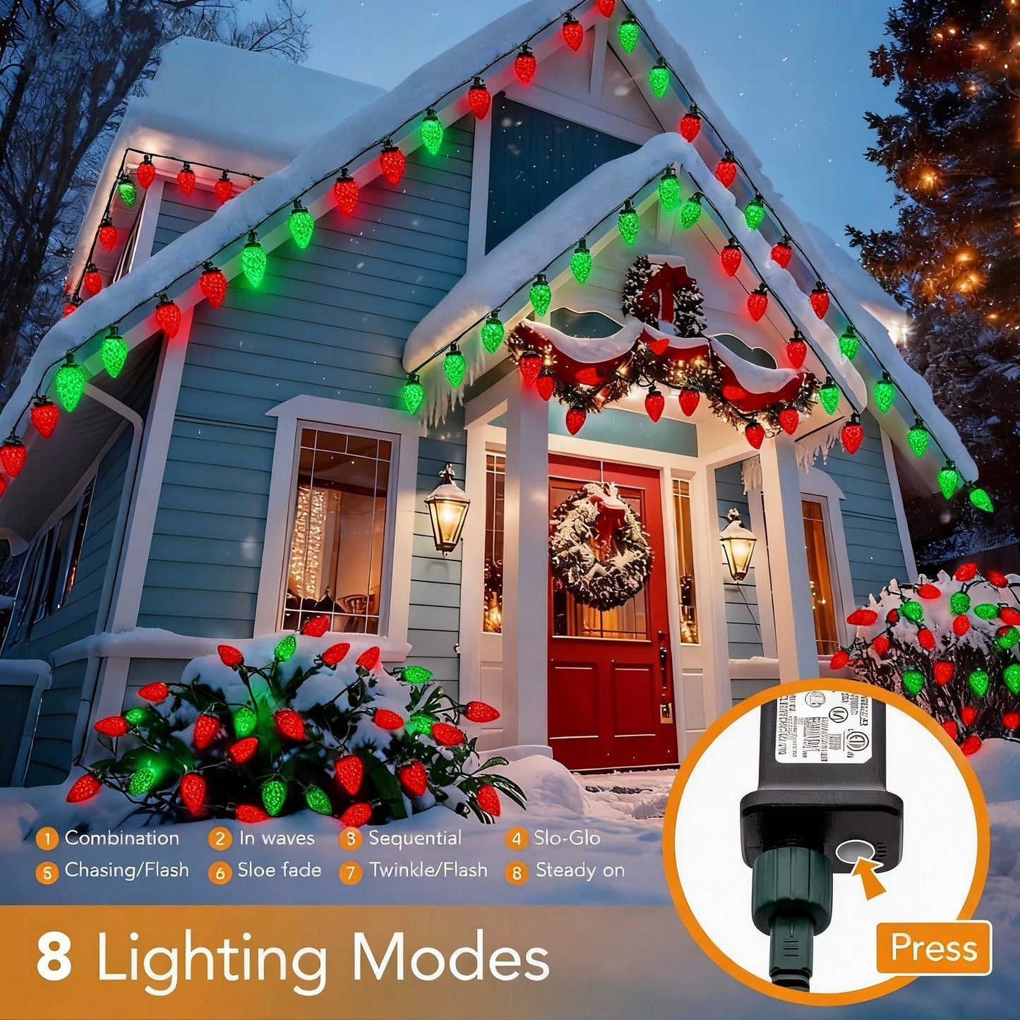 Ucutely C9 Led Christmas Lights Outdoor 33 Feet 50 Led 8 Lighting Modes Waterproof Connectable Christmas String Lights For Outside Roofline Patio Home Xmas Decorations (Red & Green)