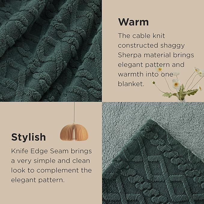 Bedsure Sherpa Queen Size Blanket for Bed - GentleSoft Fleece Fluffy & Cozy Cable Jacquard Tufted for Women Gift, Thick and Warm Blankets for Winter, Dark Green, 90x90 Inches
