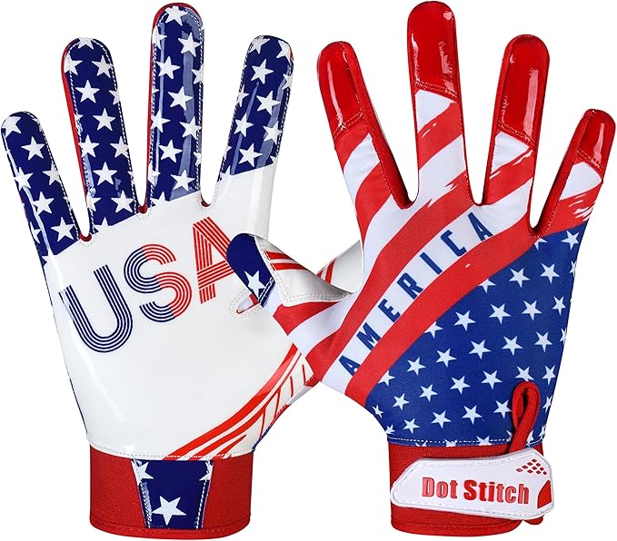 Dot Stitch Football Receiver Glove with American Flag, Silicone Grip for Men, Adult & Youth