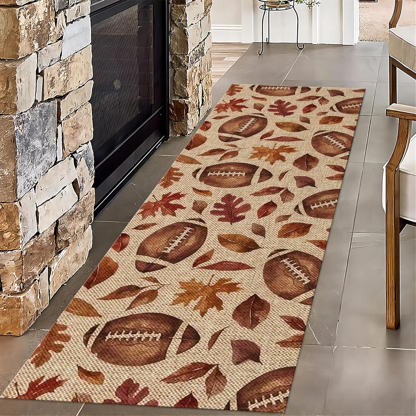 Football Rugby Living Room Rug, 2x10ft, Vintage Maple Leaf Entryway Carpets, Cozy Soft Home Decor Kids Rugs, Foldable Washable Breathable Anti-Slip Rug for Front Door Dining Room