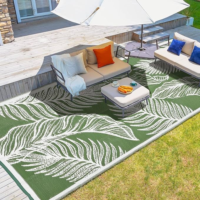 wikiwiki Outdoor Rug, 8x10ft Waterproof Reversible Mat Indoor Outdoor Rugs Carpet, Small Area Rug Plastic Straw Rug for Patio Deck Balcony Pool RV Camping Beach Picnic, Green, Rugscape Series