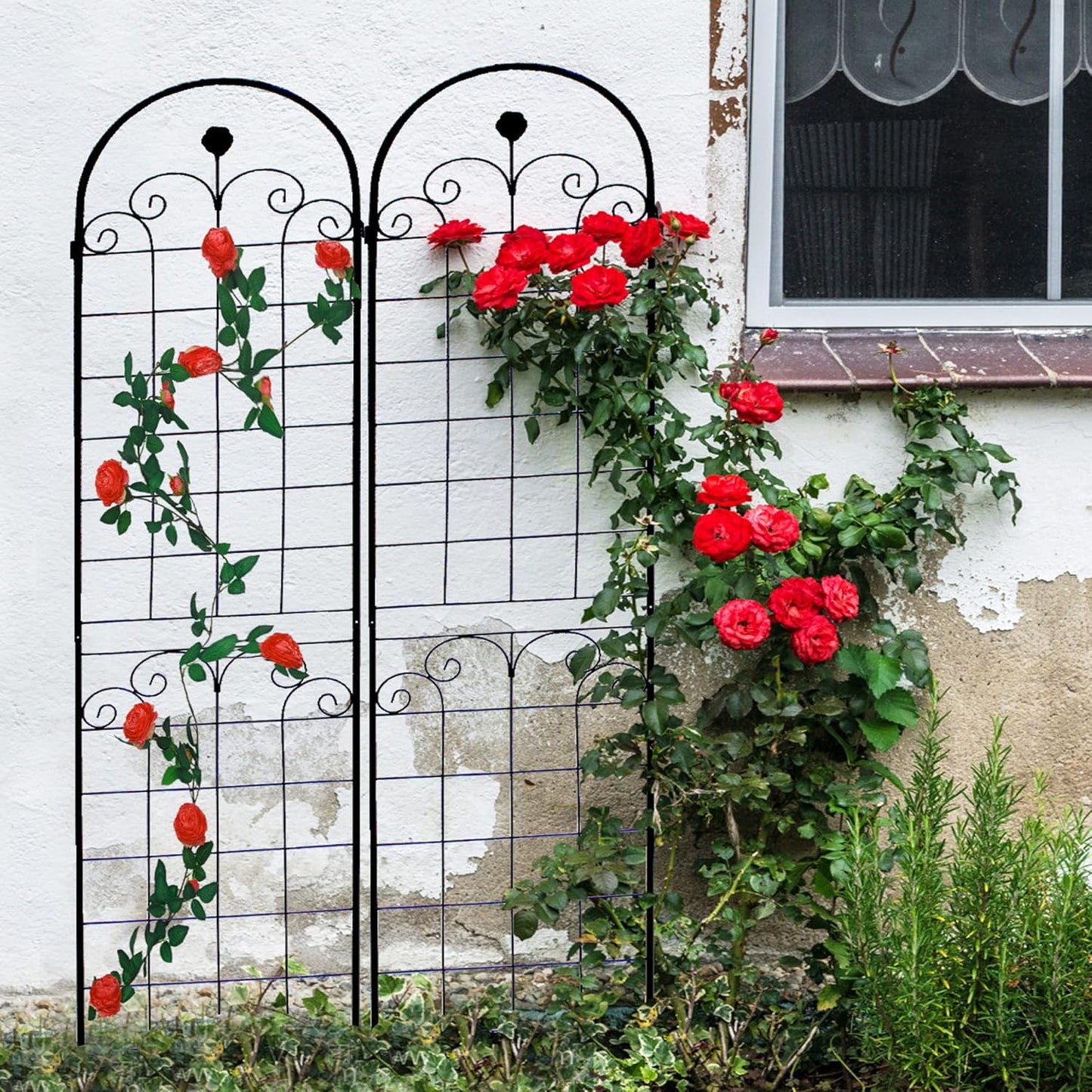6 Pack Metal Garden Trellis for Climbing Plants, 86.7" Tall Rustproof Outdoor Trellis Panel w/Curly Grass Design, Decorative Black Iron Plant Support for Vine, Rose, Flower, Garden Wall