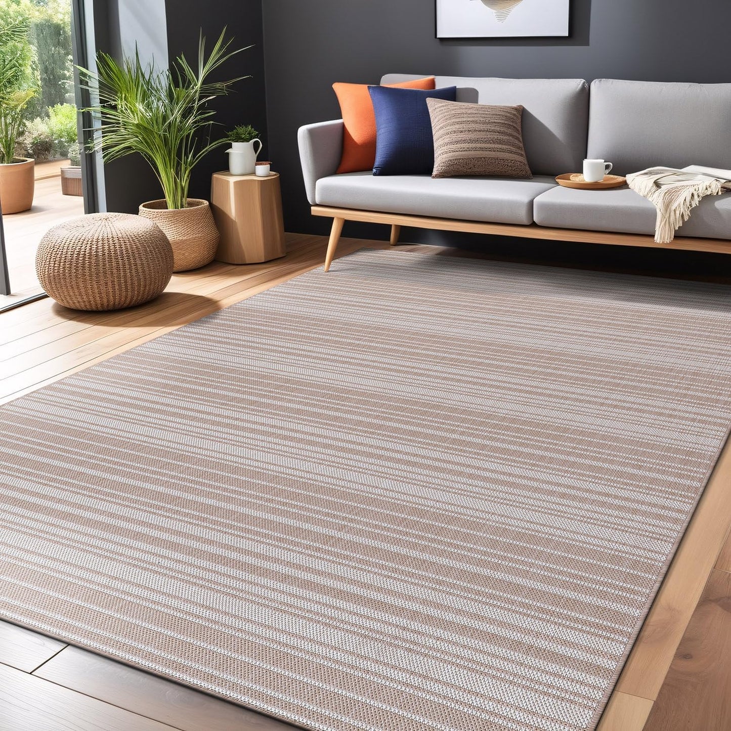 Stripe Outdoor Rug 5x7 Washable Outside Carpet for Indoor Patio Porch Waterproof Easy Cleaning Non Shedding Area Rugs Beige 5 x 7