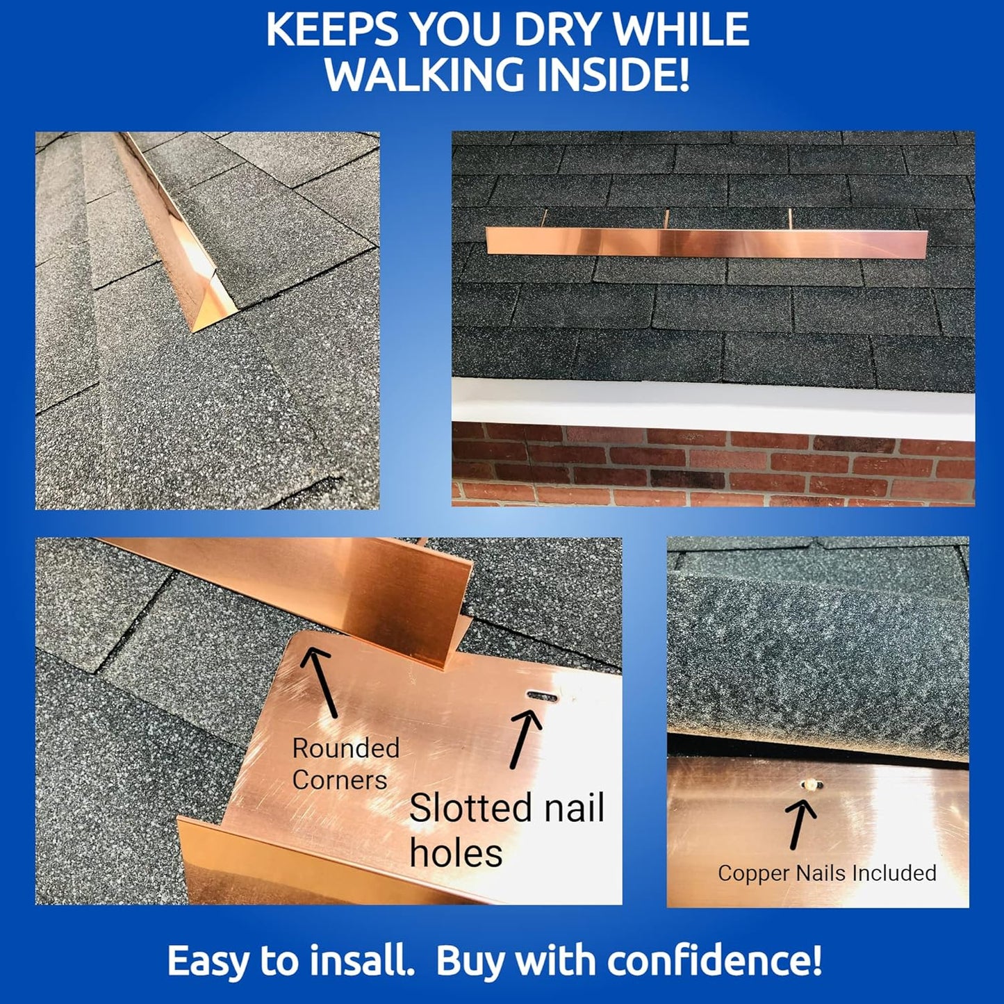 EAGLE 1- Shingle Roof Rain Diverter 40 Inches Long- 26 Gauge Material- Easy to Install- Includes Stainless Steel Nails (4, Real Copper)